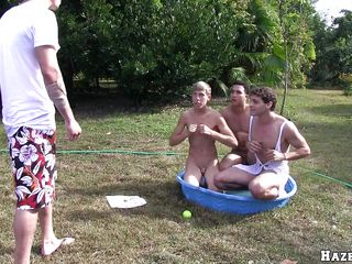 3 studs are sitting one over some other during the time that they're being watered with a hose. A dude acquires on his knees and gives some other dude a blowjob. Will they have sexual intercourse, if so in which ways will they fuck? And how will it end?