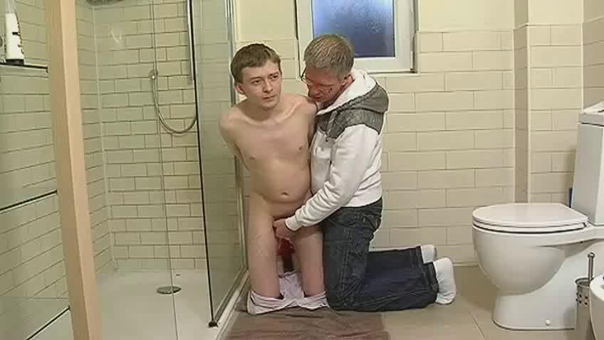 Skinny homo fellow gets fastened in bath and dominated with a handjob