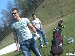 Pumped up gracious fellows tease every other in the golf course